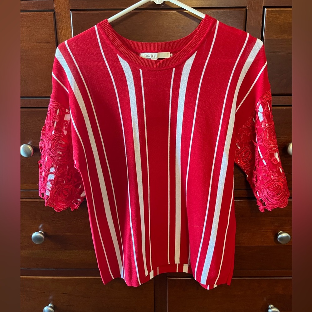 Maje Molina Red Lace Trim Striped Blouse Top NWT